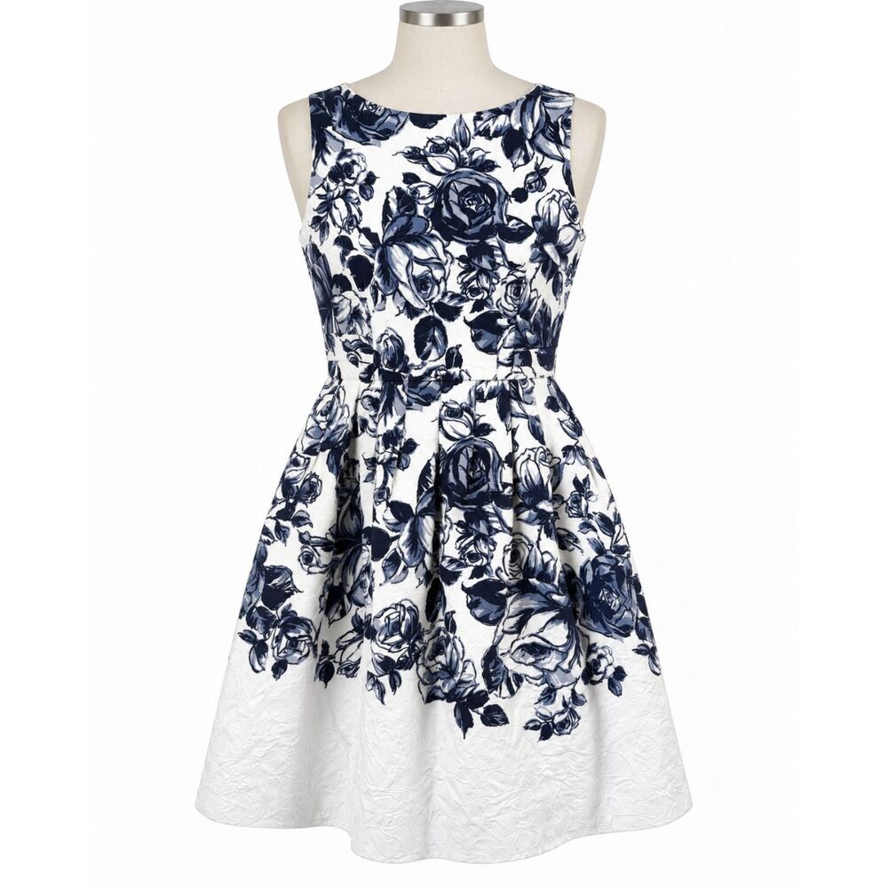 Talbots Navy White Floral Fit and Flare Dress Sleeveless Size 10 Petite